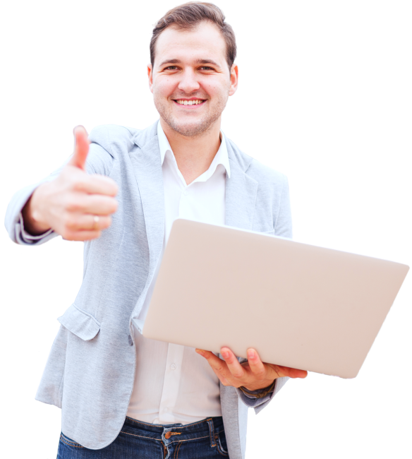 business man holding a laptop and showing okay hand