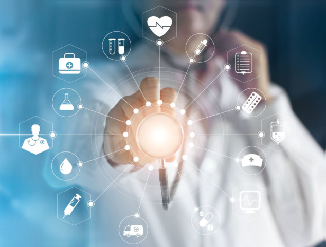 Medicine doctor with stethoscope in hand touching icon medical network connection