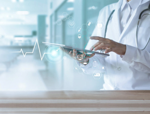 Healthcare and technology, Doctor using digital tablet with icon medical network on hospital background